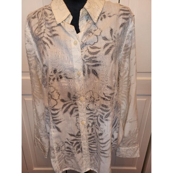 White Sheer Cutout Button Up Metallic Silver Trim Sag Harbor 16 Fairy Ethereal - Picture 7 of 8